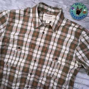 C.C. Filson Mens Small Green Plaid Short Sleeve Button Up Shirt Outdoors Fishing